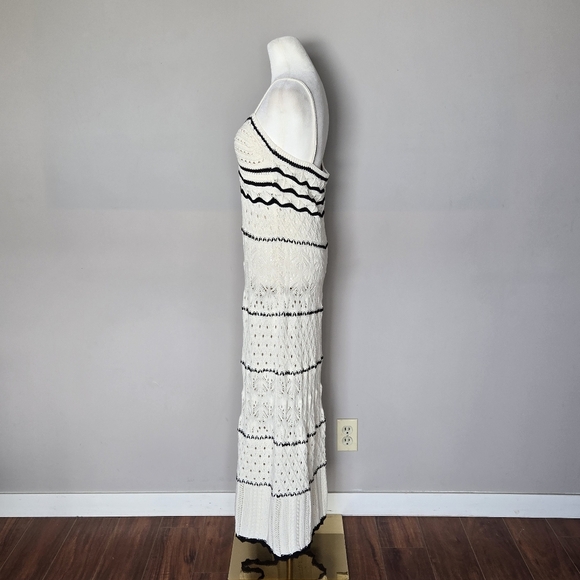 Zara Boho Crochet Open Knit Strappy Beach Maxi Dress Cream with Black Trim Large - Picture 5 of 11